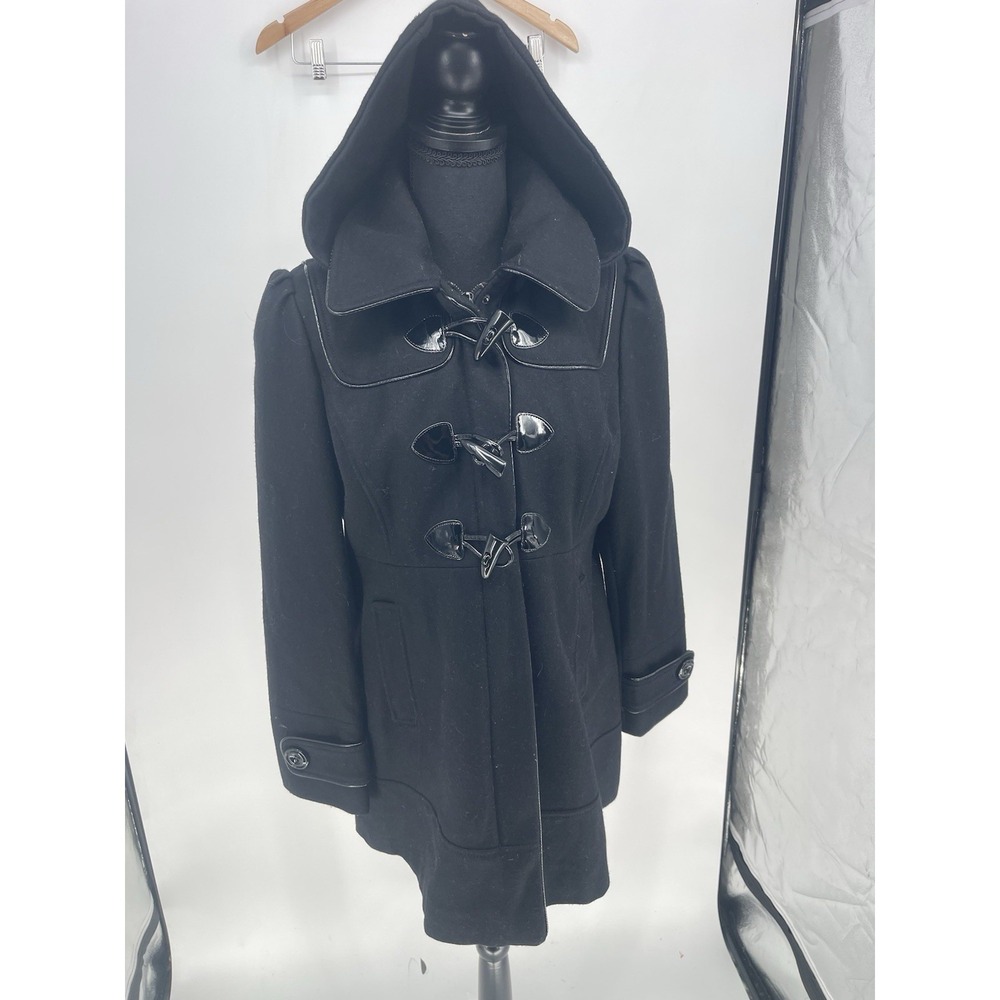 GUESS BLACK Wool Coat   Pea‎ Vinyl Patent Leather Hooded Petite Large